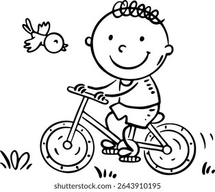 Ilustração do esboço do menino, criança andando de bicicleta. Atividades ao ar livre para crianças clipart