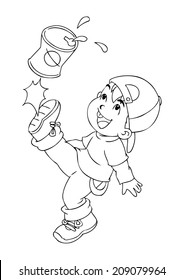 Outline illustration of a boy kicking an empty cans