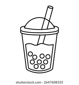 Outline illustration of bubble milk tea with dome lid and tapioca pearls isolated on white background