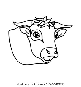 outline illustration of a bull's head, farm animal with horns, cow vector illustration for design and creativity