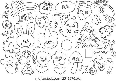 Outline illustration of bunny, teddy bear, cat, Christmas tree, candy cane, red ribbon, flowers, rainbow, cloud, heart, star for winter decoration, animals, stickers, kid colouring book, painting, art