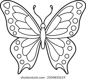 An outline illustration of a butterfly, wings spread in symmetrical patterns, drawn with light and intricate lines on a white background.