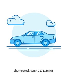 Outline illustration of a car. A blue image of the sedan. Vector drawing of a car on the road.