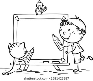 Outline illustration of cartoon boy drawing on whiteboard. Creative activity, kindergarten kids education