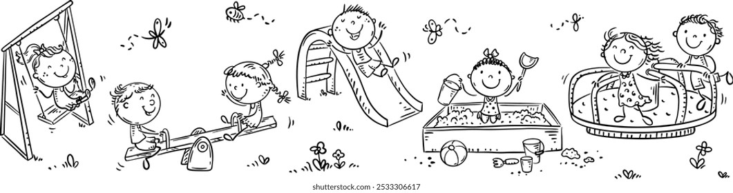 Outline illustration of cartoon children on playground. Little kids outdoor activity, boys and girls playing together