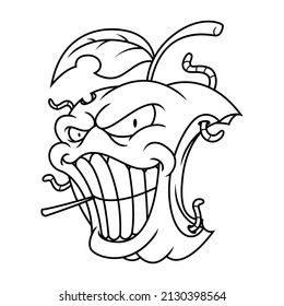 Outline illustration of cartoon fierce faced rotten apple fruit