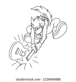 Outline illustration of cartoon wolf smashing an electric guitar