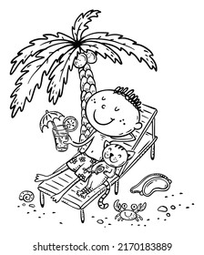 Outline illustration of child sunbathing at the beach under a palm tree