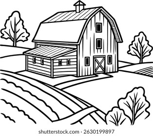 Outline illustration of a classic farm barn with trees and rolling landscape in black and white