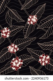 Outline illustration of coffee plants with leaves, flowers and coffee cherries, on dark brown - black background