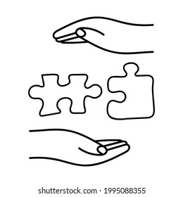 Outline illustration. Collaboration. Hands with puzzles. Graphic design on white background. 