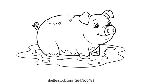 Ilustração de esboço para colorir de um porco alegre apreciando um banho de lama fresco em um ambiente típico da fazenda