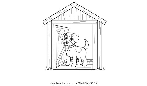 Ilustração do esboço para colorir mostrando um cão leal esperando calmamente dentro da estrutura de um celeiro da fazenda