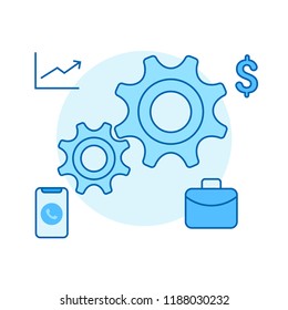 Outline illustration of company management. A blue image of the business work. Vector drawing of gears. 