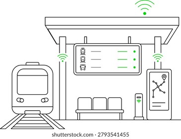 Outline illustration of connected transit station featuring train platform, passenger information display, route mapping, and mobility connectivity.