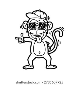 An outline illustration of a cool monkey wearing sunglasses and a backward baseball cap, with a playful pose and tongue sticking out.