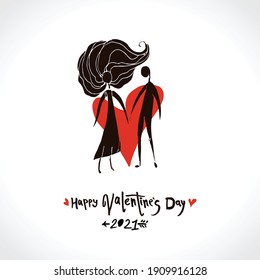 Outline illustration with a couple in love on the background of a red heart. Vector illustration postcard Happy Valentine's Day. Vector template. Cute card