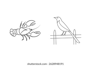 Outline illustration of a crawfish and a bird perched on a simple fence on white background