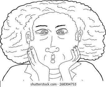 Outline illustration of cross eyed middle aged woman