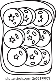 Um esboço ilustrativo de um sanduíche de pepino, com pepinos fatiados na torrada, perfeito para ícones de alimentos leves e refrescantes ou ideias de lanches saudáveis