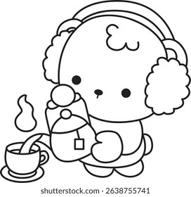 Outline of Illustration of cute bear winter icon.
outline of baby bear winter pouring a tea
