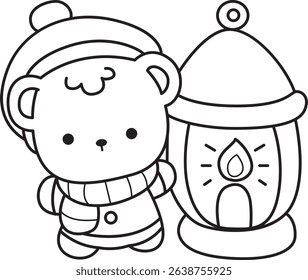 Outline of Illustration of cute bear winter icon.
outline of baby bear winter in the side of lantern
