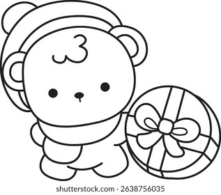 Outline of Illustration of cute bear winter icon.
outline of baby bear winter bring a gift box
