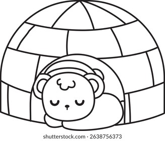 Outline of Illustration of cute bear winter icon.
outline of baby bear winter sleeping in the iglo

