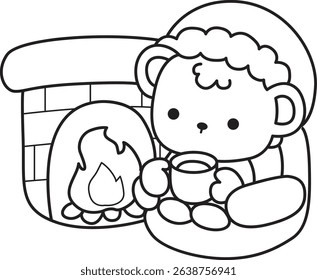 Outline of Illustration of cute bear winter icon.
outline of baby bear winter drinking a hot tea in the fire place
