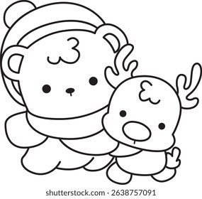 Outline of Illustration of cute bear winter icon.
outline of baby bear winter with reindeer
