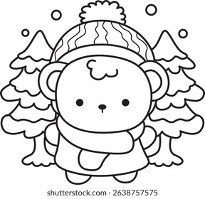Outline of Illustration of cute bear winter icon.
outline of baby bear winter in the middle of spruce
