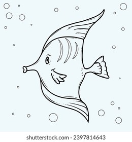 outline illustration of a cute cartoon fish with bubbles, suitable for coloring books