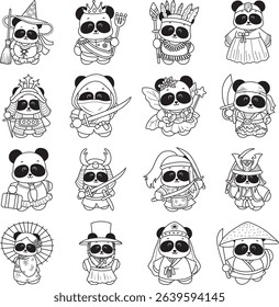 Outline of Illustration of cute panda costume icon. variation of panda costume.