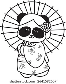 Outline of Illustration of cute panda costume icon. outline of panda wearing geisha costume
