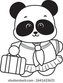 Outline of Illustration of cute panda costume icon. Outline of panda wearing japanese uniform