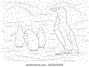 Outline illustration of cute penguins in a winter wonderland, great for coloring activities, educational resources, and graphic design.