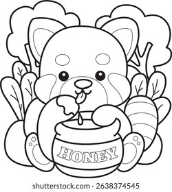 Outline of Illustration of Cute Red Panda activities.
outline of red panda eating a honey
