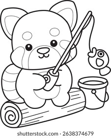 Outline of Illustration of Cute Red Panda activities. outline of red panda fishing in the lake
