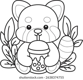 Outline of Illustration of Cute Red Panda activities.
outline of red panda drinking a Boba tea
