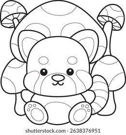 Outline of Illustration of Cute Red Panda activities. outline of red panda with a lot of mushroom
