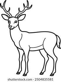 An outline illustration of a deer, standing gracefully with antlers visible, drawn with elegant and slender lines on a white background.