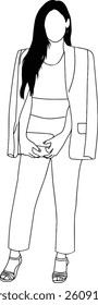 Outline illustration depicting a chic and confident woman dressed in a blazer and pants, standing in a stylish pose. The black and white design emphasizes simplicity and contemporary fashion.