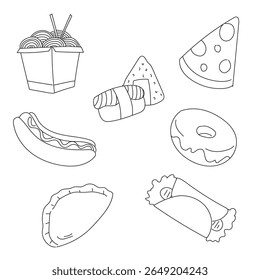 Outline Illustration of Diverse Popular Foods in Minimalist Style