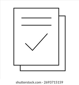 Outline illustration of a document with a check mark symbol, signifying approval or completion, on a white background.