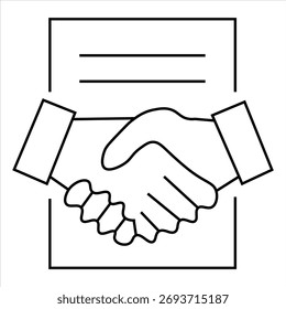 Outline illustration of a document with a handshake symbol, representing agreement and partnership, on a white background.