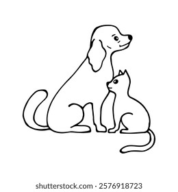 Outline illustration of a dog sitting next to a cat. Black and white sketch isolated on white background. Pet companionship and friendship concept for design and print.