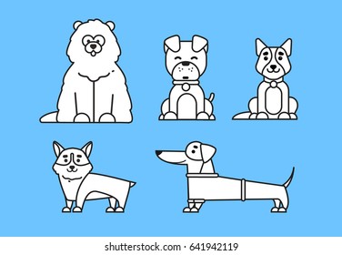 outline illustration of dogs in flat style on blue background