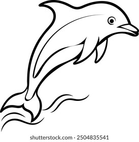 An outline illustration of a dolphin, leaping out of the water in a fluid motion, with clean, curved lines on a white background.