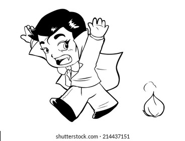 Outline illustration of Dracula afraid of garlic