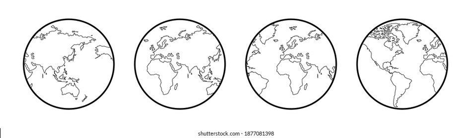 Ilustración de esquema de la tierra desde cuatro ángulos diferentes: América, Europa y África, Asia y Australia.